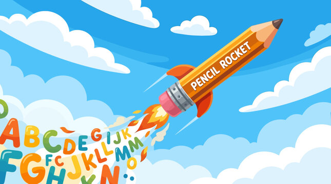 Creative pencil rocket launches a stream of vibrant letters into a cloudy sky