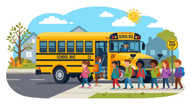 Diverse group of cheerful children eagerly boarding a bright yellow school bus at a sunny bus stop