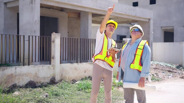 Construction site foreman worker and supervisor engineer inspecting exterior building structure for residential housing project construction management site supervision and real estate development