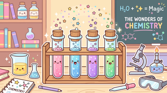 Cute Chemistry Lab Scene with Adorable Test Tubes and Scientific Equipment and Stars Falling