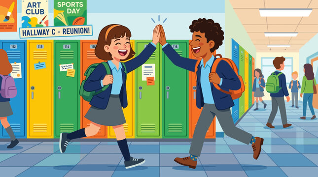 Joyful students celebrating success in school hallway with colorful lockers and school activities