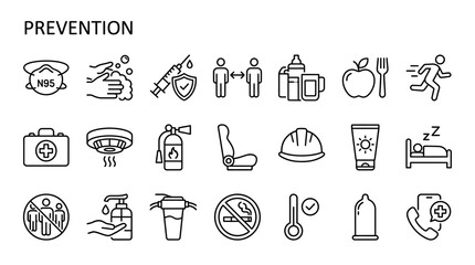 Fototapeta premium Comprehensive Collection of Seventy Health Prevention Line Icons Featuring Medical Care Safety Protection Symbols and Wellness Graphics Editable Stroke Vector Illustration Set on White