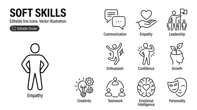 Comprehensive Professional Soft Skills Vector Icon Set Featuring Essential Symbols for Communication Empathy Leadership Enthusiasm Confidence Emotional Intelligence and Personal Development