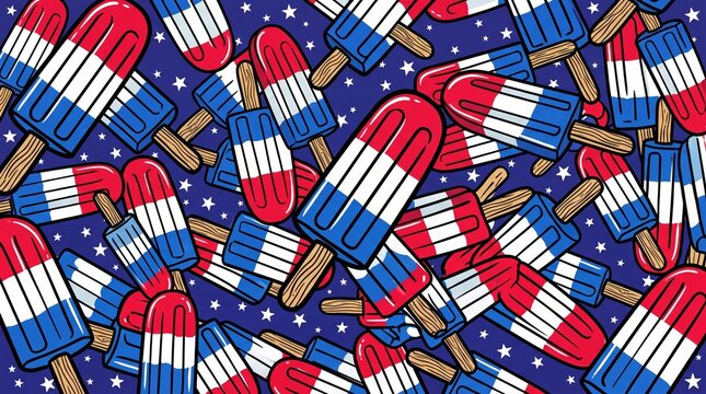 Red white and blue patriotic popsicle pattern on starry background, summer frozen treats for 4th of July celebration and National Ice Cream Day, festive holiday illustration.