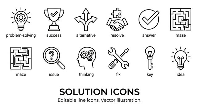 Comprehensive collection of professional vector icons representing business solution strategies, creative problem solving, success metrics, alternative choices, and effective final answers.