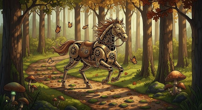 Autumn forest scene with deer and mushrooms.