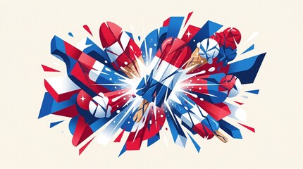 Obraz premium Explosive red white and blue ice cream illustration, popsicles and cones vector art, summer dessert celebration, patriotic frozen treat design.