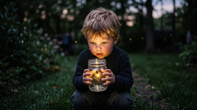 Young boy holding glowing firefly jar in dark garden, magical summer night wonder, childhood curiosity, evening discovery, nature exploration.