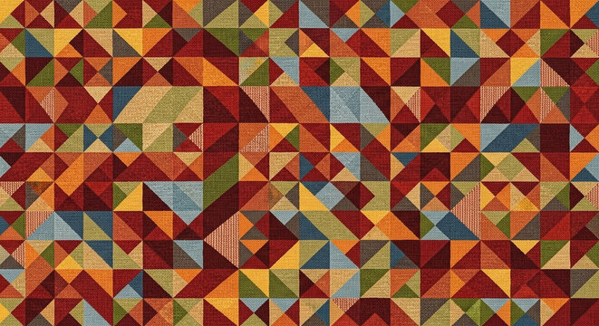 Vibrant geometric tessellation showcasing a kaleidoscope of earthy tones and warm hues, creating an abstract mosaic pattern that suggests movement and depth within its repeating triangular
