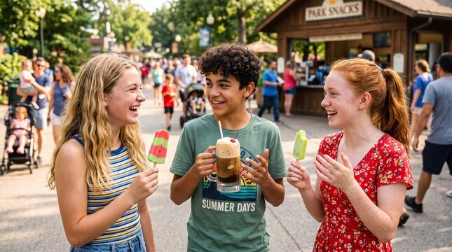 Happy teenagers laughing at a summer park holding popsicles and a root beer float, vibrant friendship scene at an outdoor fair, youth enjoying cold treats.