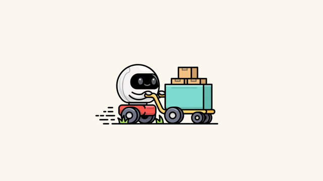 Advanced automated delivery bot with visor pushing a cargo trolley filled with brown parcels, clean vector graphic depicting modern shipping and warehouse automation technology