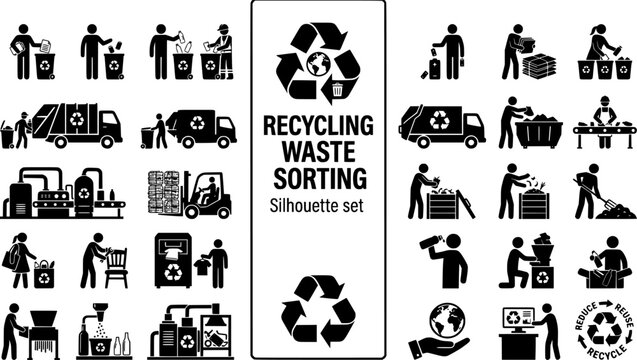 Recycling Waste Sorting Silhouette Set Black White Eco Bundle Vector Illustration Isolated White Background