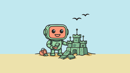 Fototapeta premium Cute green android constructing a futuristic sandcastle from electronic circuit components on a sunny beach, blending organic nature with advanced digital technology