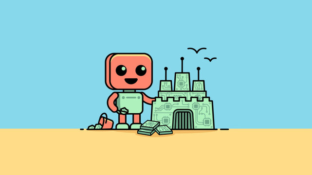 Cheerful red robot building a complex technological castle on a sandy shore, representing the creative process of developing new software and digital architectures