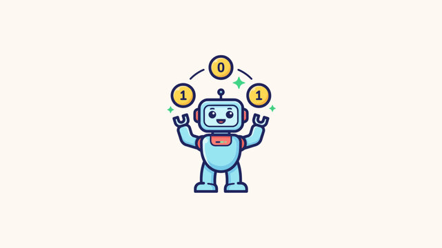Small blue robot juggling binary digits zero and one, representing efficient data processing, computing logic, and the seamless management of digital information