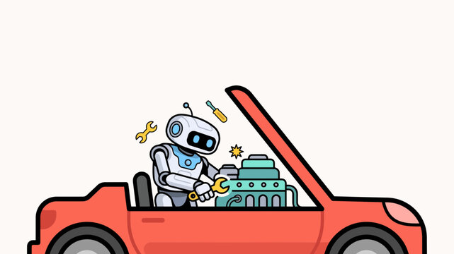 Robotic technician performing precision maintenance on a vehicle engine using a wrench, showcasing the integration of robotics in automotive repair and diagnostics