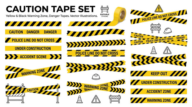 Collection of yellow and black caution tape set featuring warning zone hazard danger stripe and safety barrier ribbon for construction site and restricted area perimeter control isolated
