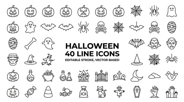 Collection of twenty-five spooky Halloween vector icons featuring Jack-o-lantern pumpkin, scary ghost, undead vampire, ancient mummy, frankenstein monster, creepy spider, skull, and bones.