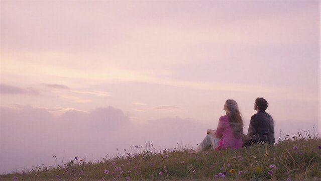 Two people sit on a grassy hill, gazing at the soft pink sky.