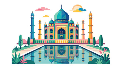 Fototapeta premium Colorful Taj Mahal Illustration with Reflection in Water