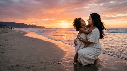 Fototapeta premium Mother and daughter hugging on a sandy beach at golden sunset, representing family love, deep bond, trust, and lifelong companionship.