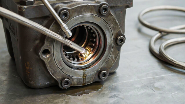 Mechanic repairing a gear box with a tool on a workshop table