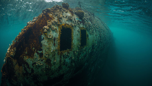 沈没潜水艦の錆びた船首に海中の光が揺れる接写写真