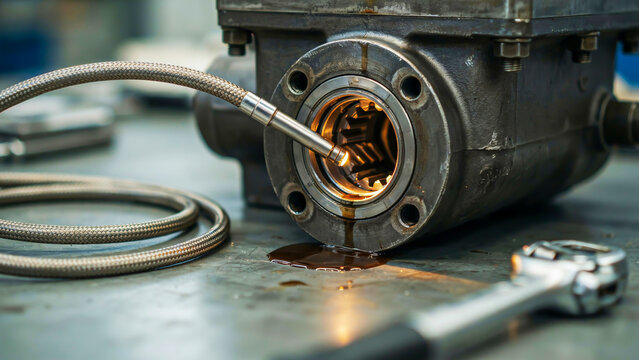 Mechanic repairing industrial machine with wrench and hose on workbench