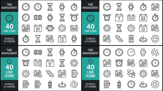Comprehensive collection of flat vector time management icons featuring timer alarm clock schedule hourglass wristwatch stopwatch countdown and duration symbols for business planning.