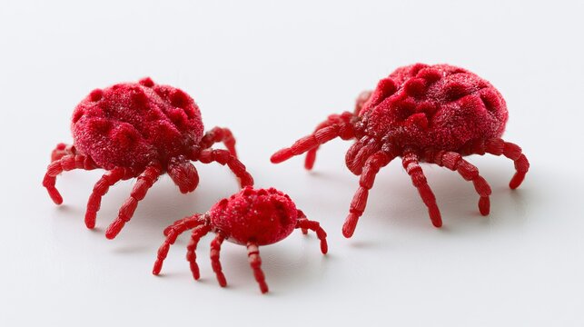 Vibrant Red Velvet Mites on White Background - Soft Colors