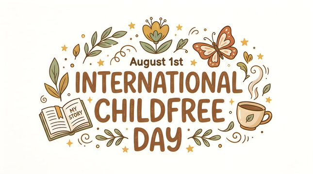 International childfree day illustration with floral elements and symbolic objects