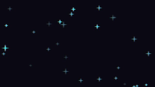 Glowing blue star particles floating on animation 4k black background, abstract night sky overlay