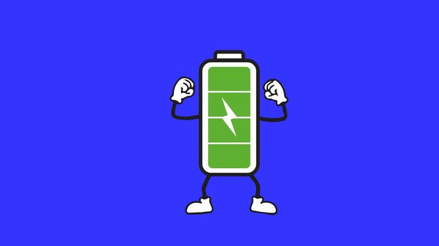 animated strong battery character flexing muscles with blue background