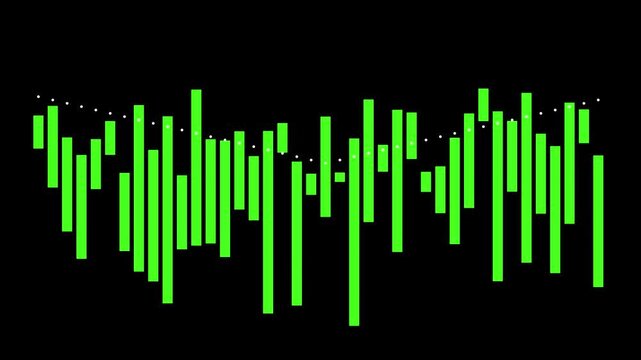 Green digital audio visualizer equalizer bars with pulsing wave motion for music and data analysis animation 4k