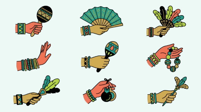 Collection of Flat Design Vector Icons Featuring Hands Holding Traditional Accessories, Including Maracas, Fans, Feathers, and Castanets, with Geometric Bracelets, Set on a Light Blue Background