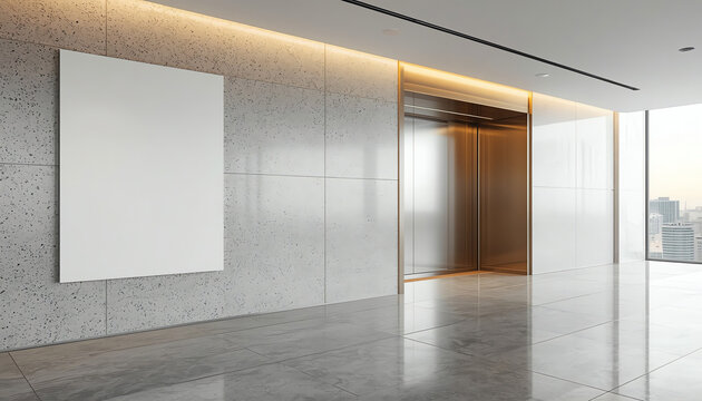 Elevator with open doors beside a blank white billboard in a modern lobby. 3D Rendering