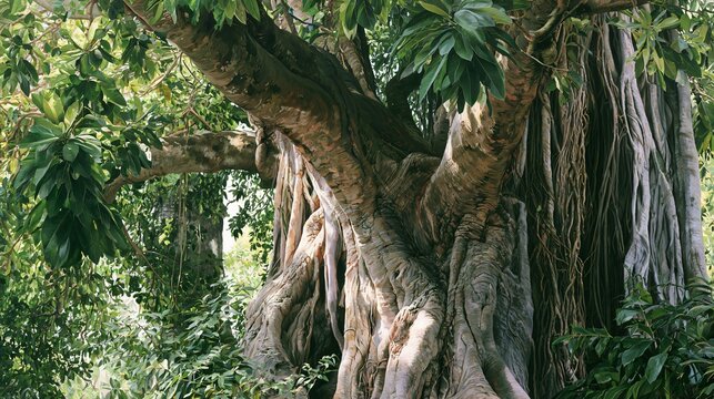 Majestic Strangler Fig Tree with Big Trunk and Aerial Roots in the Rainforest