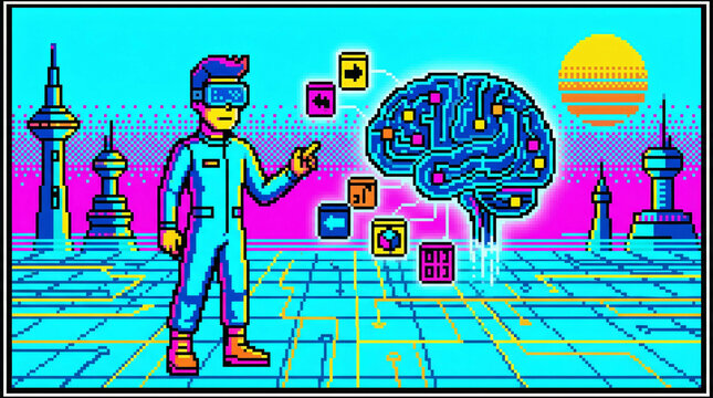 Retro pixel art scene of two programmers meeting futuristic AI brain hologram in city
