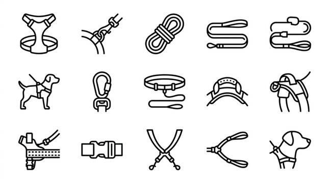 Collection of dog walking equipment and accessories line art icons.
