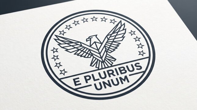 A modern minimalist black and white circular logo featuring a stylized eagle, stars, and the Latin phrase E PLURIBUS UNUM, printed on white paper.