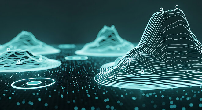 3D topographic map representation with glowing data elevation contours and nodes topographic mountain elevation contours abstract technology analysis visualization landscape geometry