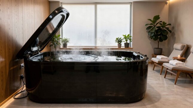 Steaming hot tub with plants near window for relaxation