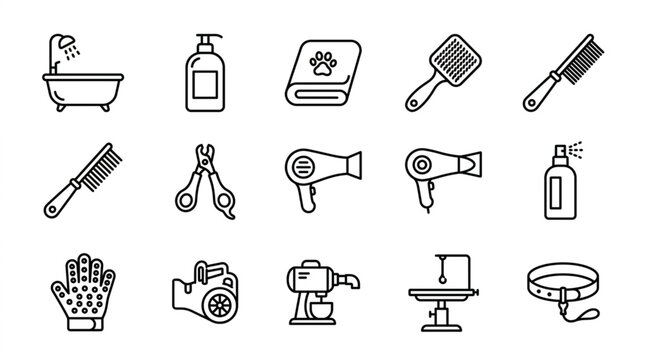 Collection of pet grooming tools and accessories icons line art.