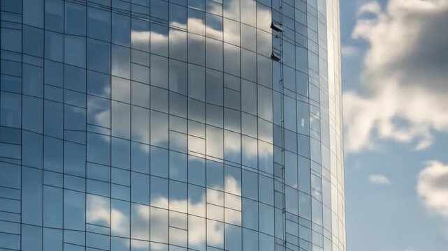 A glassfaced skyscraper reflects clouds in its many window panes against a light blue sky