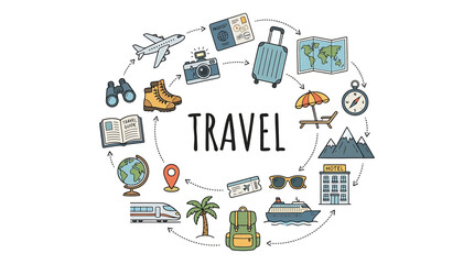 Fototapeta premium Hand drawn travel icons arranged in a circle around the word travel, featuring suitcase, airplane, camera, and other vacation elements