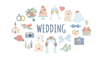 Obraz premium Hand Drawn Wedding Celebration Elements Collection Featuring Romantic Marriage Symbols and Festive Marriage Ceremony Accessories Vector Illustration Set