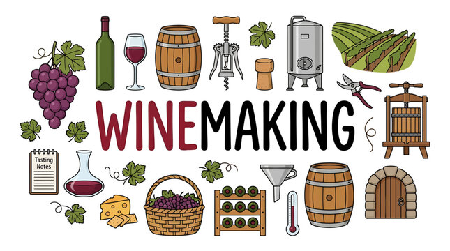 Collection of winery and viticulture icons featuring grapes, bottles, barrels, vineyard landscapes, and production equipment for traditional wine making