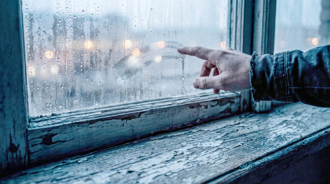 Side view of a hand touching a wet window glass covered with raindrops during a storm with blurry blue city light background.