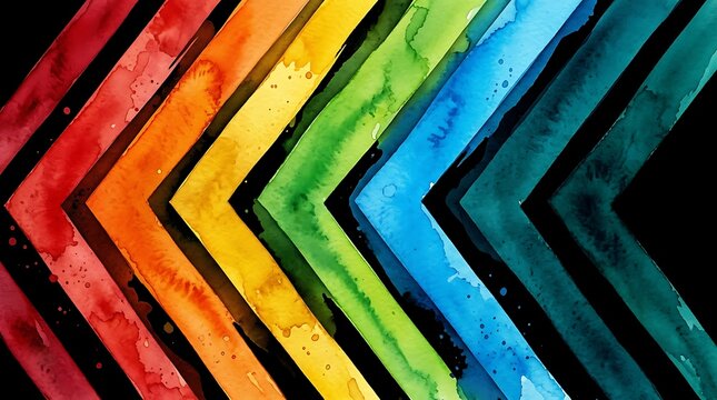 Abstract watercolor chevron pattern with vibrant rainbow colors on a black background