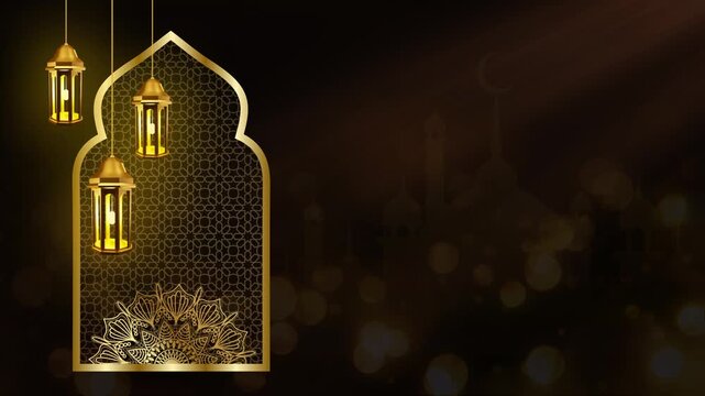 An Islamic-themed background featuring an open space, hanging light fixtures, and gold-colored windows. Suitable for Ramadan, Eid al-Fitr, and other religious activities. Background looping video 4K.